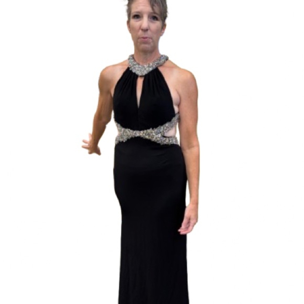 Tony Bowls Black and Silver Backless Gown With Intricate Beading Vintage Glam
